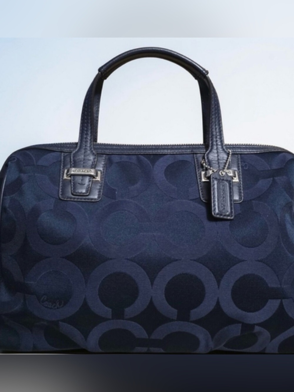 Coach Taylor Op Art dark navy sateen satchel brand's classic silver hardware